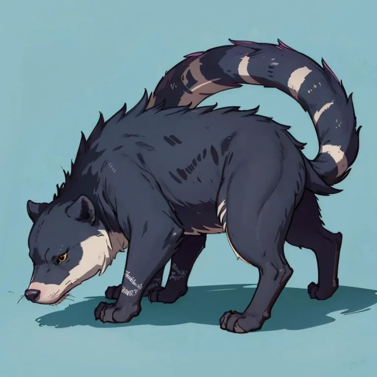 A dark-furred anime style fantasy animal with sharp features and a striped tail created using Stable Diffusion.