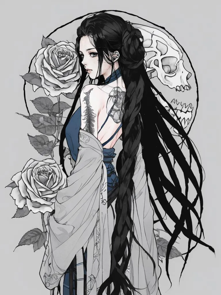 AI generated image using stable diffusion of a fantasy anime character with long dark hair, dressed in traditional attire, surrounded by roses and a skull in the background.