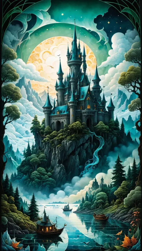 A fantasy castle perched on a rocky cliff illuminated by a full moon with winding rivers and dense enchanted forests below, created using Stable Diffusion.