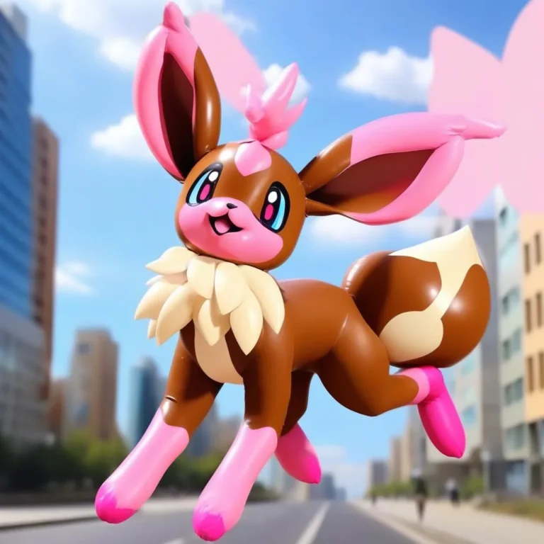AI generated image of a fantasy character resembling a cute creature with big ears and vibrant pink highlights, set against an urban background using Stable Diffusion.