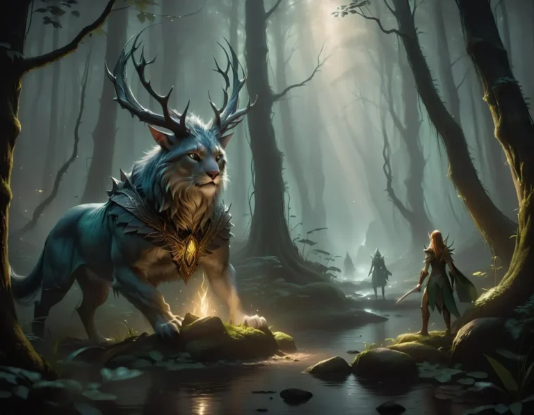 A fantasy creature with large antlers and illuminated eyes in an enchanted forest, AI-generated using stable diffusion.
