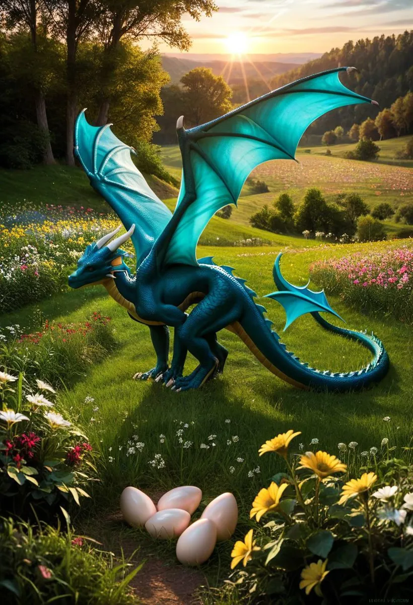 A detailed, colorful, AI-generated image using Stable Diffusion, depicting a blue dragon in a scenic nature landscape at sunset, with eggs near colorful flowers.