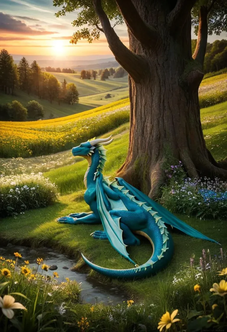 A majestic blue dragon with horns and scales, laying beside a large tree in a picturesque meadow during sunset. AI generated image using Stable Diffusion.