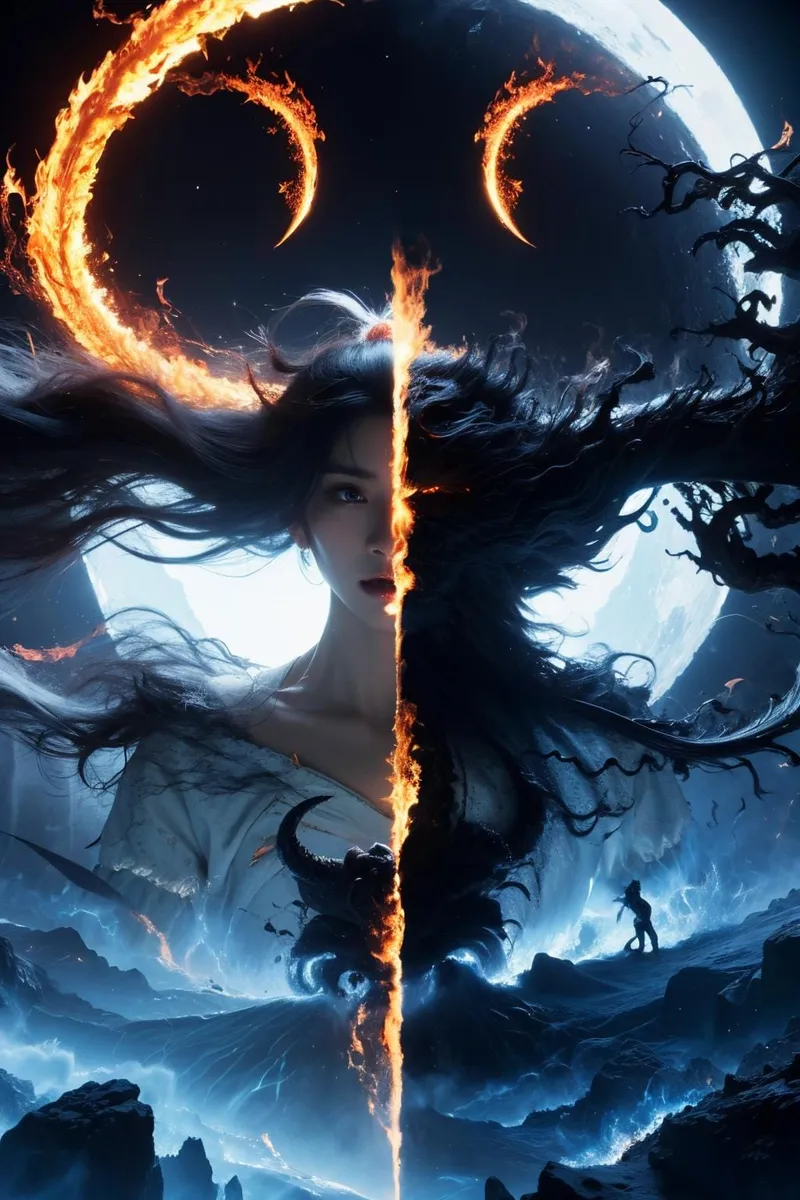 Fantasy artwork of a dual character, one side shrouded in fire and the other in ice, in front of a large moon. AI generated image using Stable Diffusion.