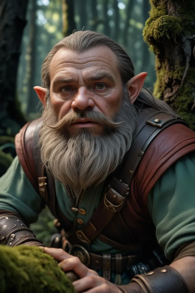A highly realistic AI-generated image of a fantasy dwarf character with a thick beard and pointed ears, dressed in a leather and cloth outfit, leaning on a moss-covered tree in an enchanted forest created using Stable Diffusion.