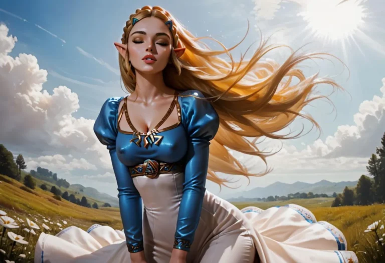 A beautiful, fantasy-inspired elf woman with long, flowing blond hair, wearing a blue and white dress in a sunny field. AI generated image using Stable Diffusion.