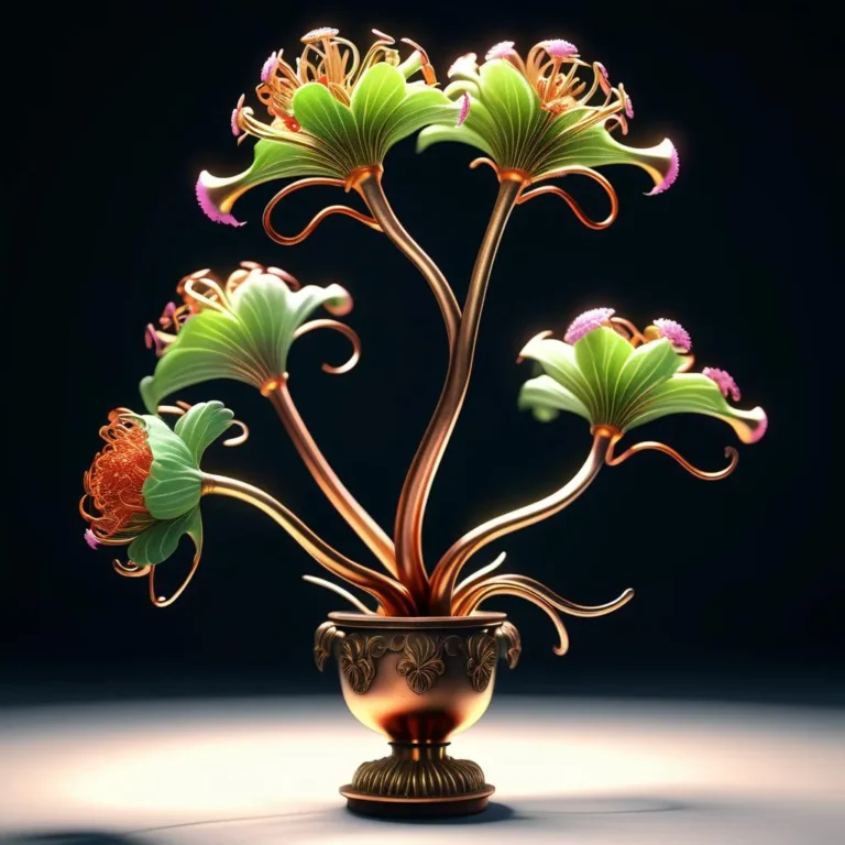 A fantasy floral arrangement featuring vibrant green leaves and pink blossoms in an elaborately decorated gold vase, created using Stable Diffusion AI.