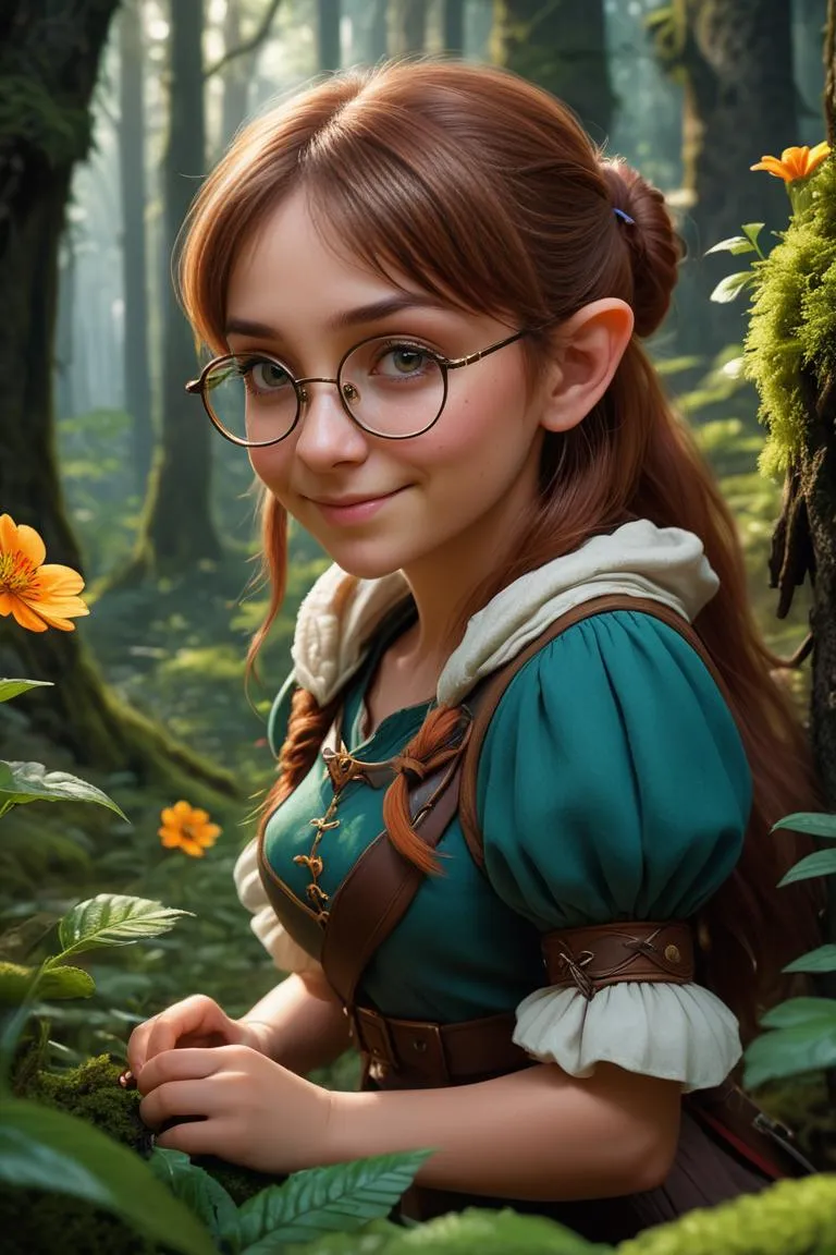 A fantasy girl with brown hair and glasses in adventurer attire in a lush forest, AI generated using Stable Diffusion.
