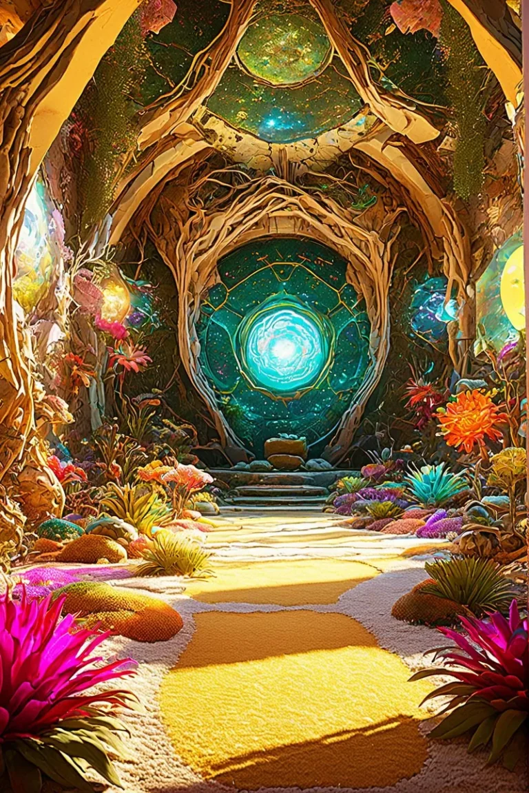 Elaborate fantasy forest interior with twisting branches and colorful foliage, highlighting a glowing, magical portal. AI generated image using Stable Diffusion.