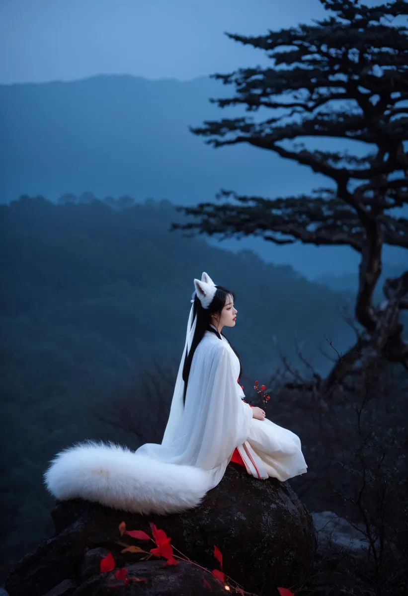 Fantasy woman dressed as a fox spirit, with a white fox tail and ears, sitting on a rock in a mystical forest. This is an AI generated image using Stable Diffusion.