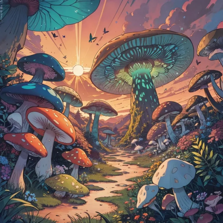 A beautiful fantasy landscape filled with giant, colorful mushrooms and a glowing sunset sky, generated by AI using Stable Diffusion.