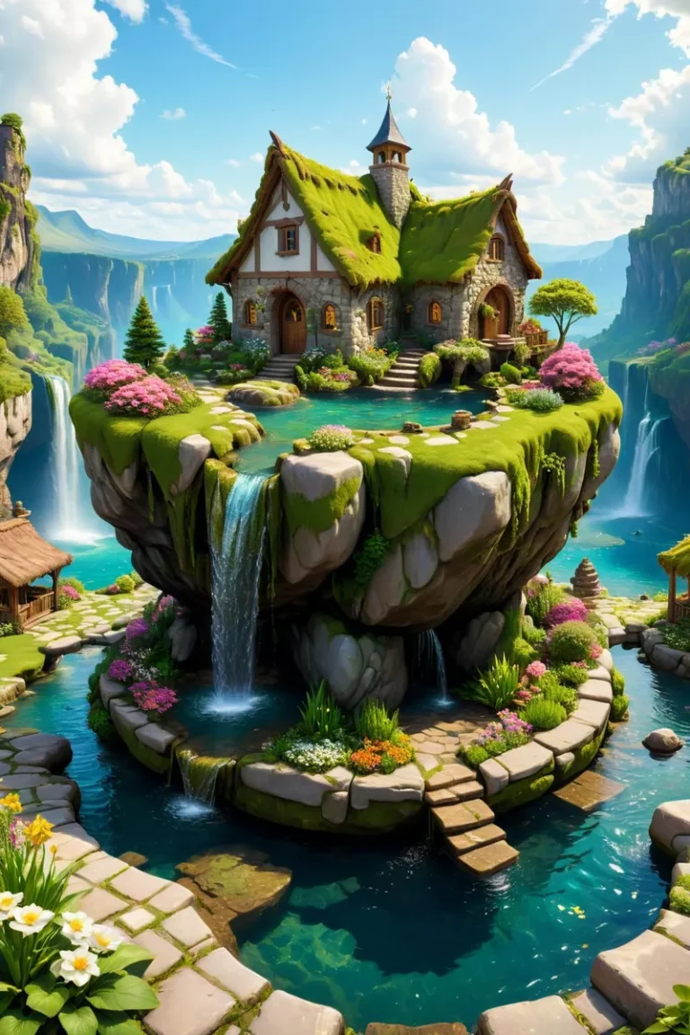 A fantasy house on a floating island with lush vegetation, surrounded by waterfalls. AI generated image using stable diffusion.