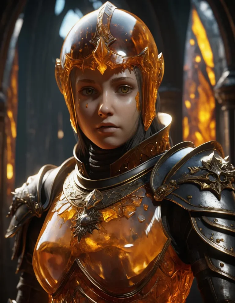 A highly detailed AI generated image using stable diffusion, showcasing a young knight in a golden transparent helmet and intricate armor.