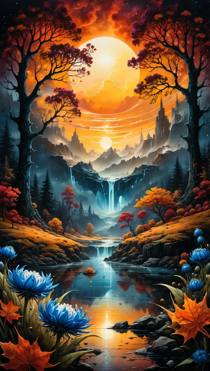 A fantasy landscape created using Stable Diffusion, featuring a radiant sunset behind mountains, glowing trees, a river with waterfalls, and vibrant blue flowers along the riverbank.