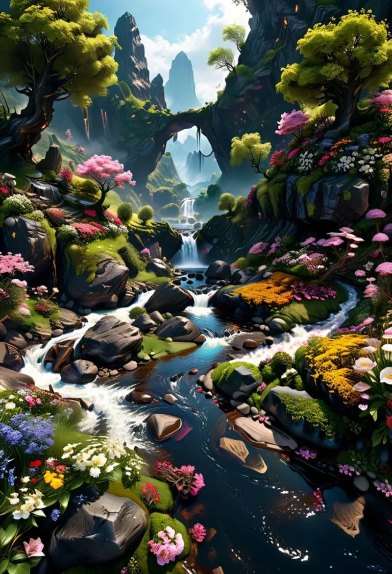 A beautiful AI-generated fantasy landscape with a flowering valley using Stable Diffusion, featuring waterfalls, a stream, and vibrant flowers.