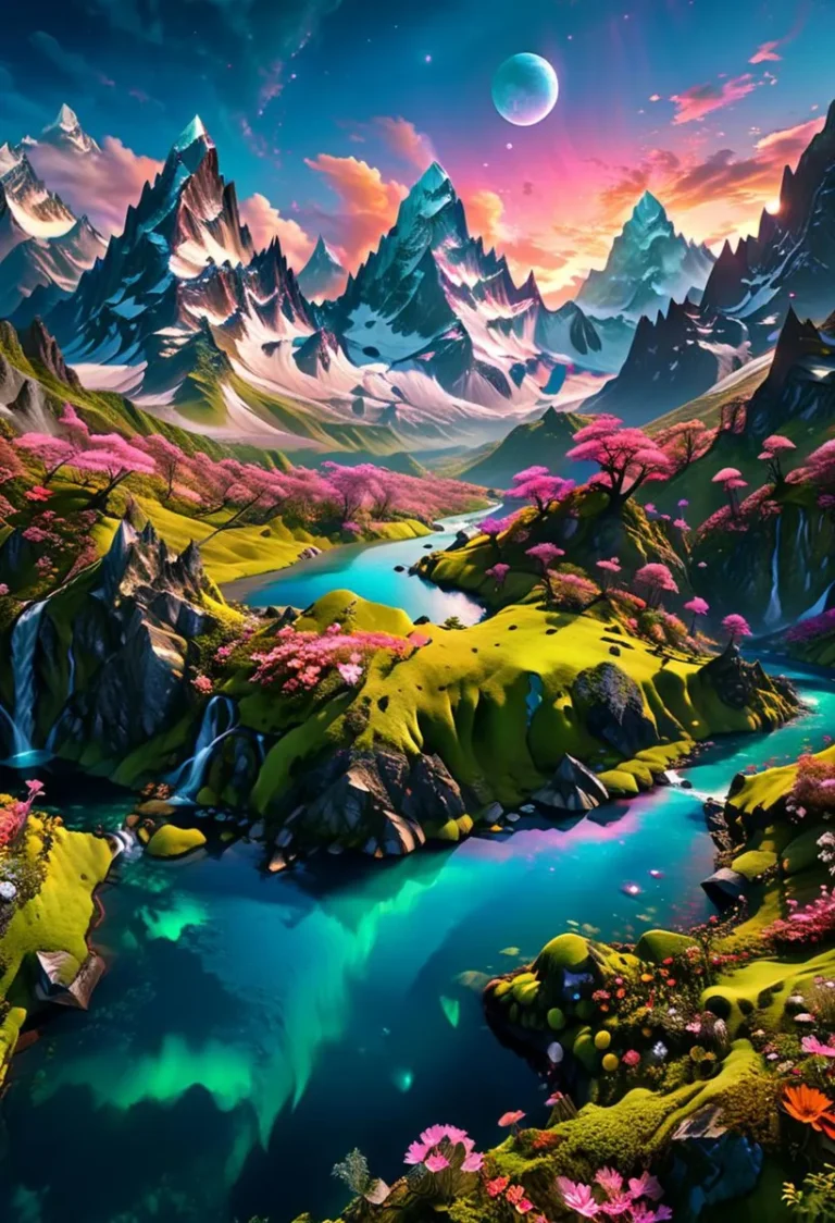 A vibrant, AI generated fantasy landscape with tall, magical mountains, a winding river, and a colorful sky, created using Stable Diffusion.