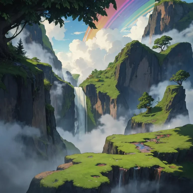 Fantasy landscape with a majestic waterfall cascading between mountains, lush green plateaus, and a vibrant rainbow arcing across the sky, AI generated image using Stable Diffusion.