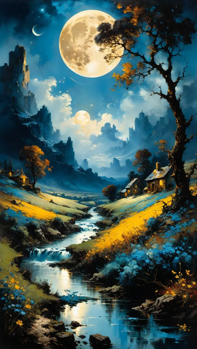 A fantastical landscape with a glowing full moon illuminating a serene valley, created using Stable Diffusion AI.