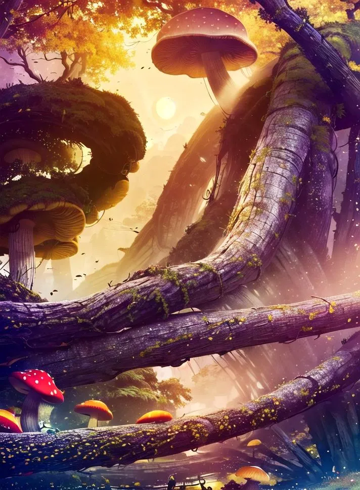 A magical fantasy landscape with massive mushrooms growing among twisted trees and glowing sun rays, created using Stable Diffusion AI.