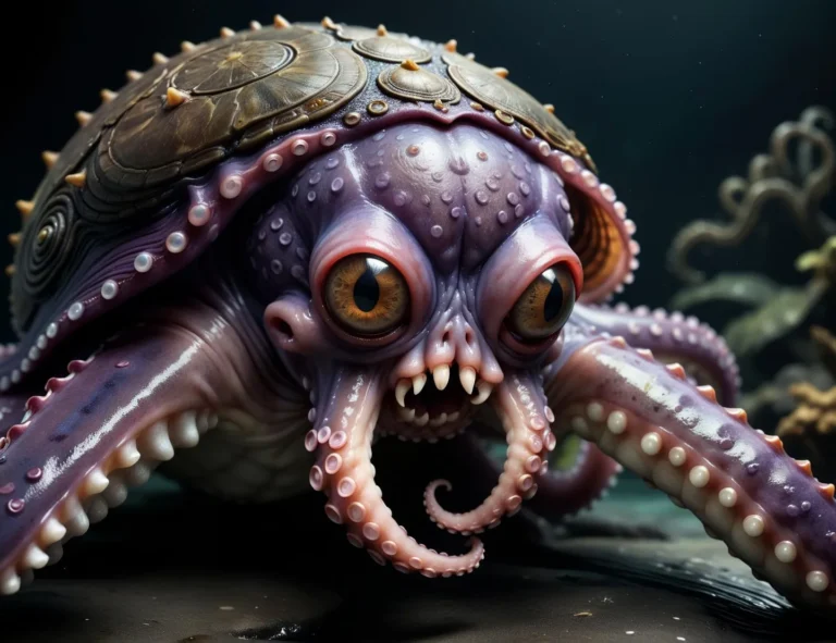 A detailed, fantasy octopus creature with exaggerated, expressive eyes and a textured shell on its back. Bright colors and intricate detailing using stable diffusion.