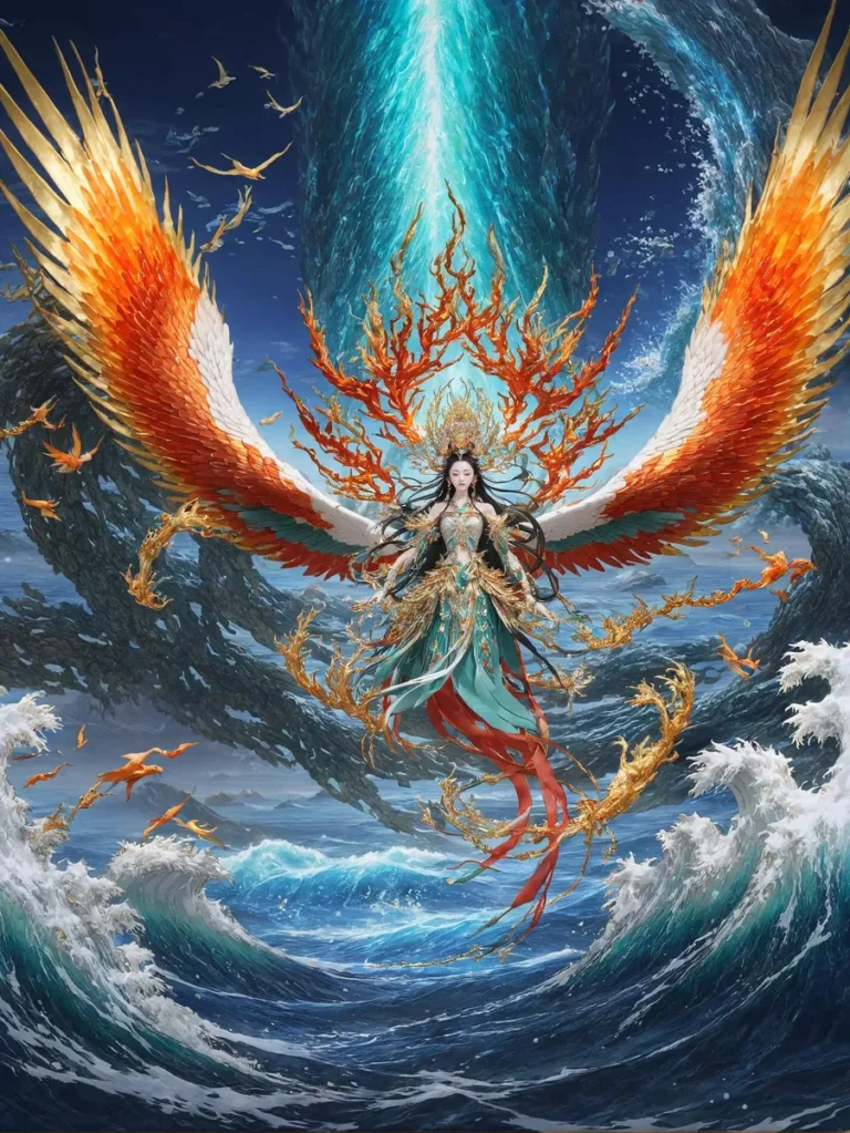 AI generated image using Stable Diffusion of a fantasy phoenix goddess with fiery wings above a turbulent mythical ocean.
