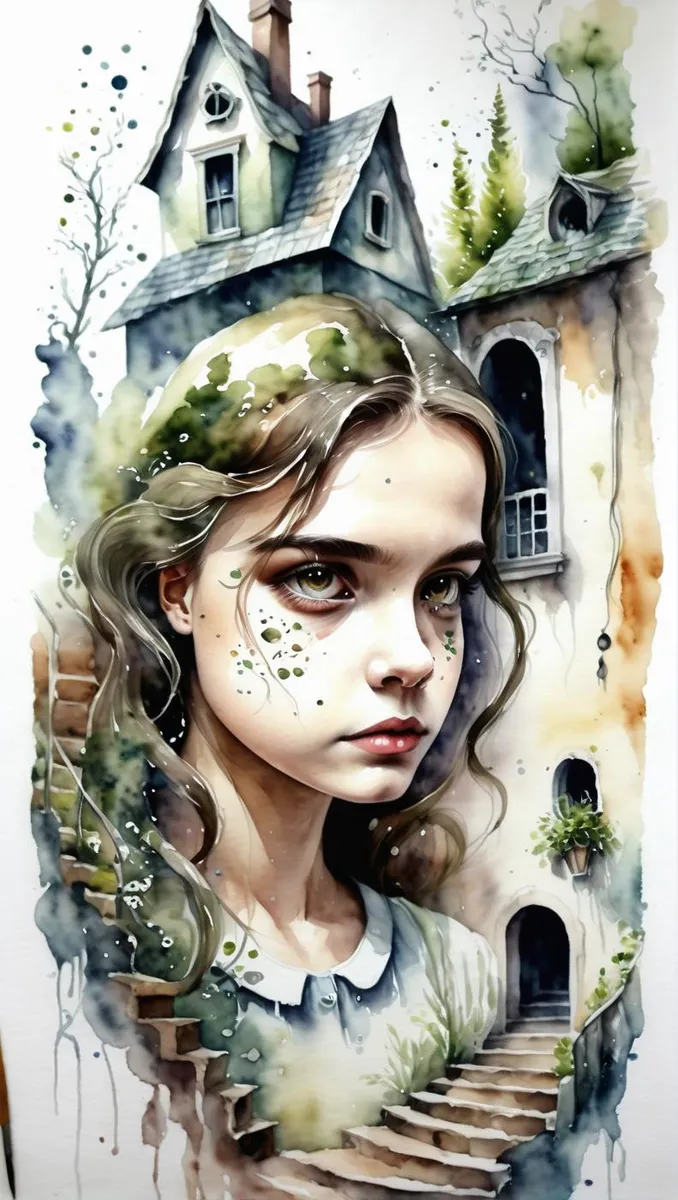 A beautifully detailed fantasy portrait of a young girl with green eyes, set against the backdrop of an eerie, haunted house. This is an AI generated image using stable diffusion.