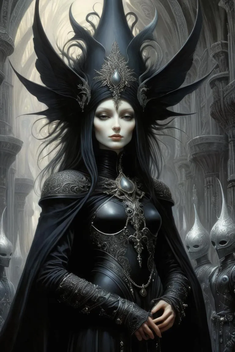 AI generated image of a fantasy queen in dark intricate armor and a grand headdress, in a gothic fantasy setting, using stable diffusion.