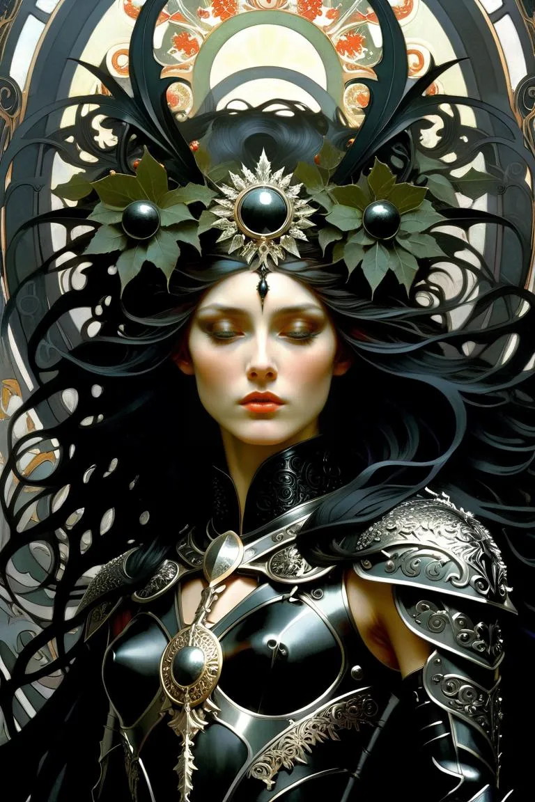 An AI generated image using stable diffusion of a regal woman adorned in elaborate black and silver armor with intricate designs and a headpiece made of leaves and gemstones against an ornamental background.