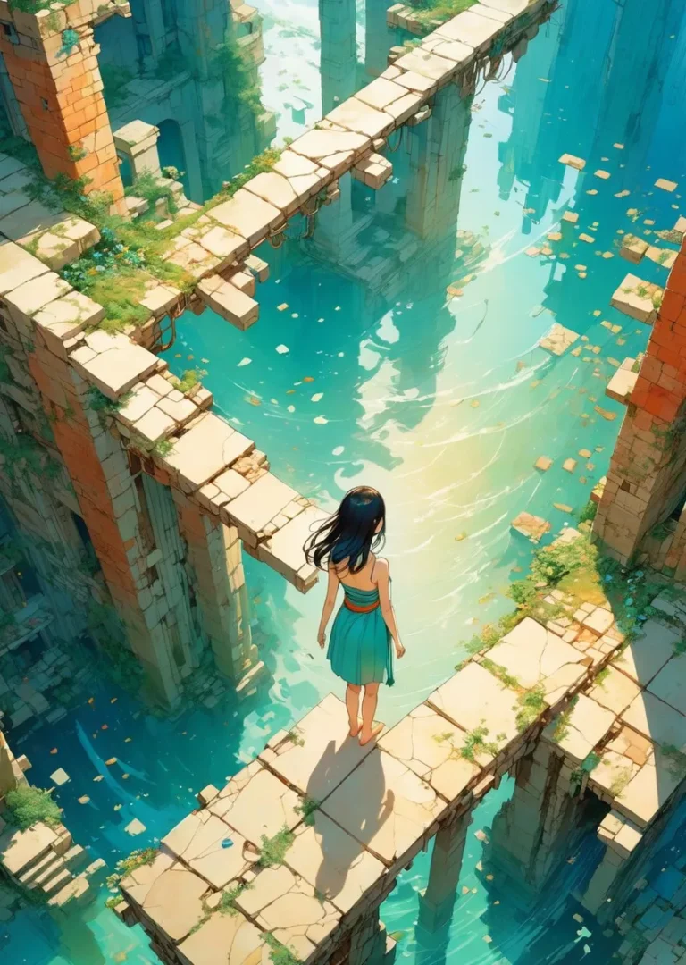 A fantasy landscape of overgrown ruins with a girl in a blue dress standing on a stone pathway, created using Stable Diffusion AI.