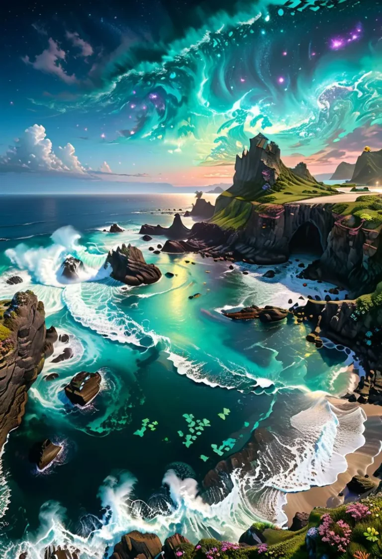 Detailed fantasy seascape featuring an enchanting coastline with surreal cliffs and vibrant waves, under a magical sky filled with swirling green auroras and twinkling stars, AI generated image using Stable Diffusion.