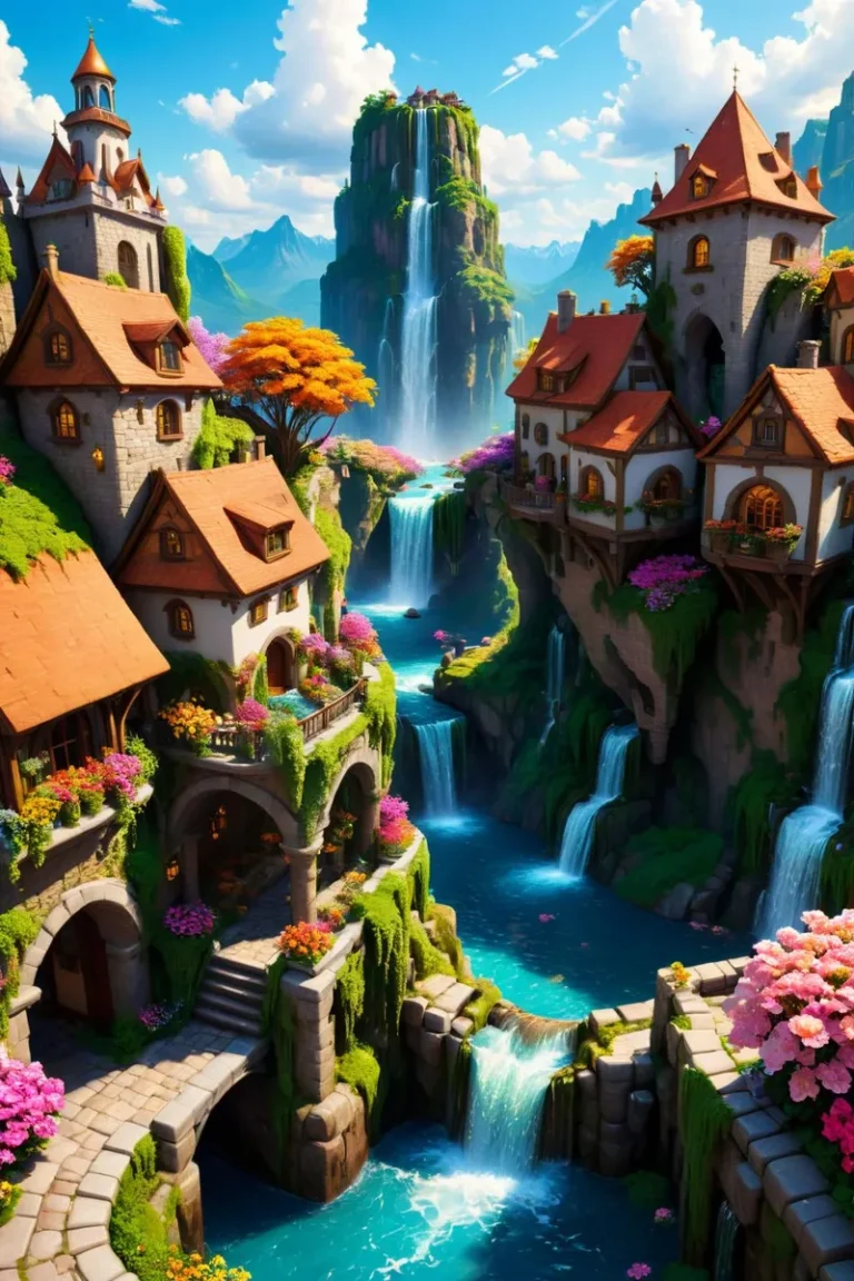 A whimsical fantasy village built on a cliffside featuring cascading waterfalls, created with AI using Stable Diffusion.