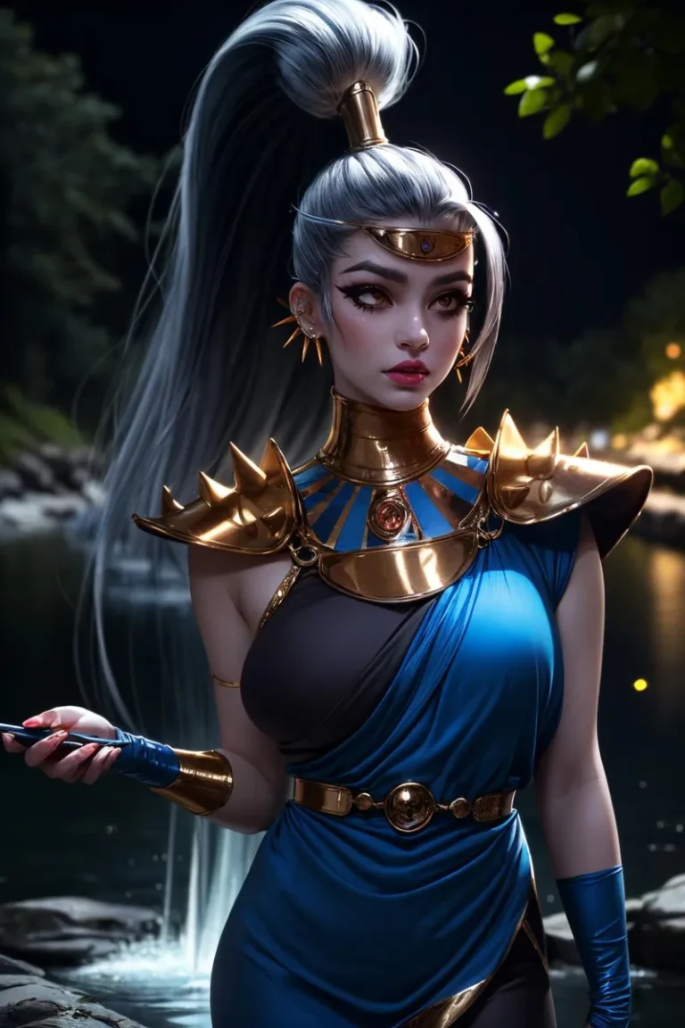 A detailed and stunning AI-generated fantasy image using Stable Diffusion, depicting a beautiful female warrior knight with silver hair, metallic armor, and striking attire in a serene, forested night setting near a waterfall.