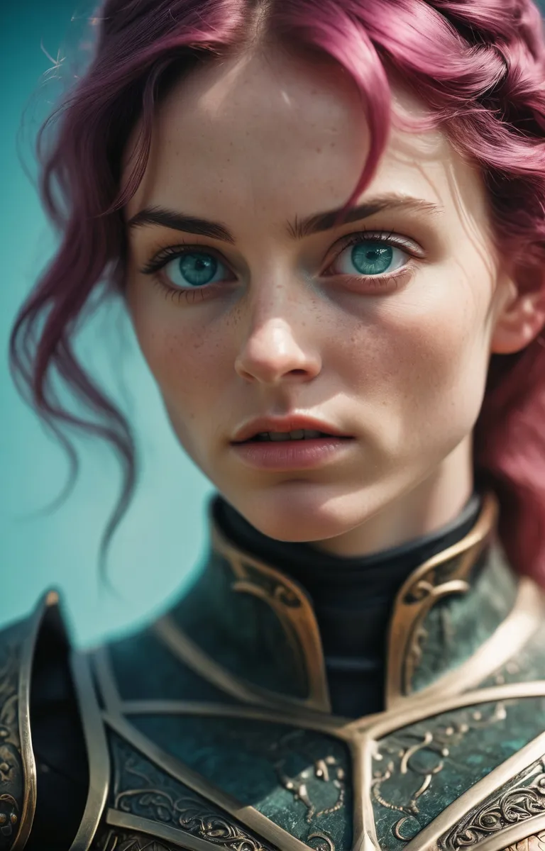 A vibrant AI generated portrait of a fantasy female warrior with pink hair and piercing blue eyes, dressed in detailed green and gold armor, created using Stable Diffusion.