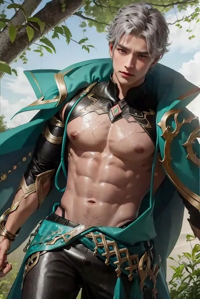 Anime style muscular warrior with silver hair, wearing fantasy armor in a green and gold color scheme. AI generated image using stable diffusion.