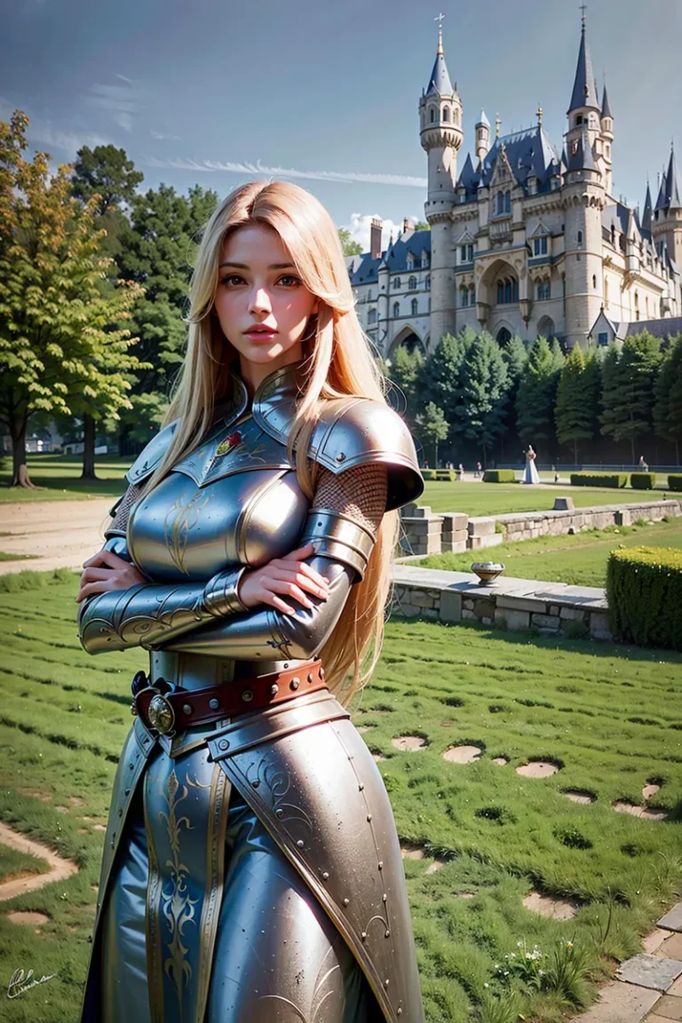 AI generated image of a beautiful blonde-haired fantasy warrior princess in shining armor, standing confidently with arms crossed in front of a grand castle, created using Stable Diffusion.