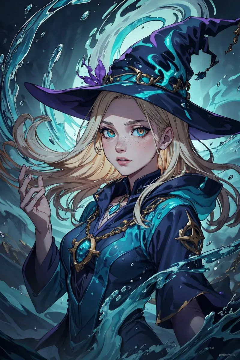 An AI generated image using stable diffusion showing a blonde anime-style female witch with a detailed hat, dark robes, blue magical energy swirling around her.