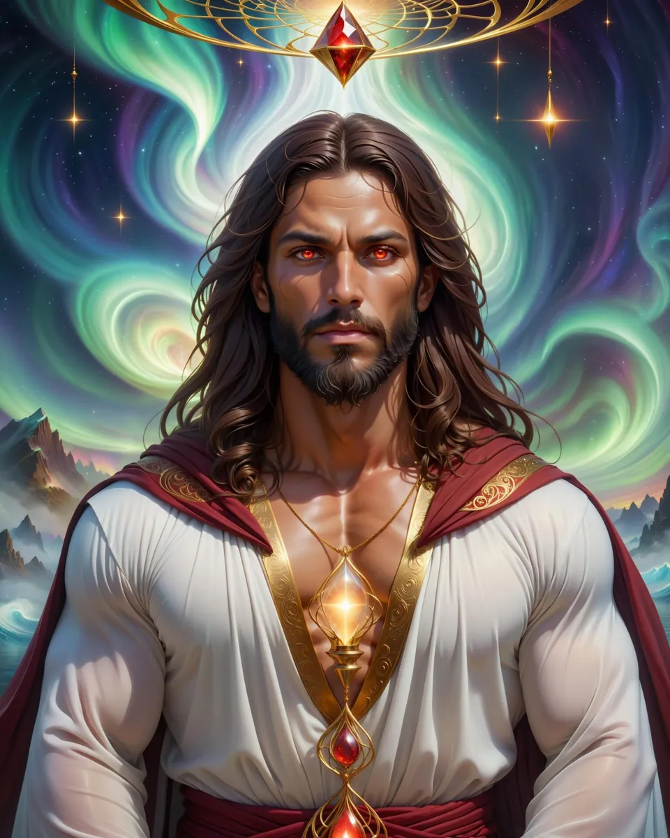Fantasy character, a muscular wizard, with long hair, a beard, wearing a white robe with red detailing, and a glowing amulet. AI generated image using Stable Diffusion.