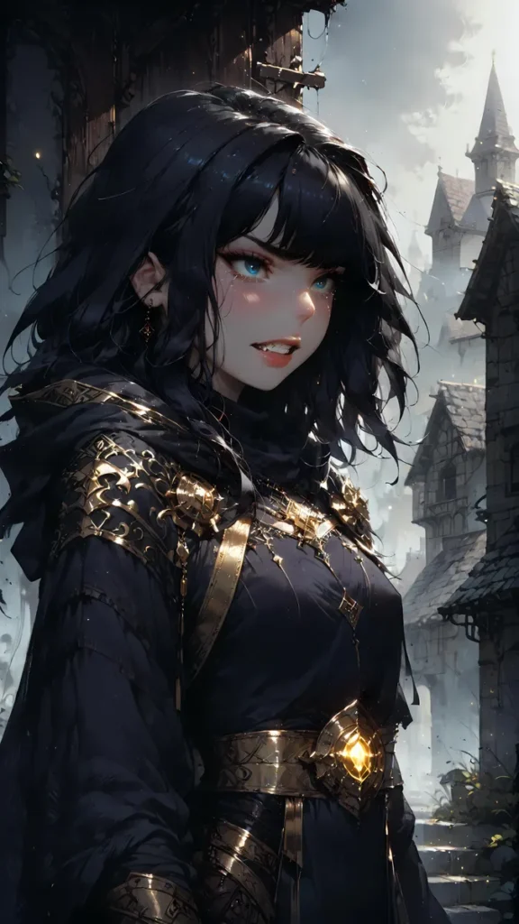 A black-haired woman in ornate gold armor standing in a medieval setting, created using stable diffusion.