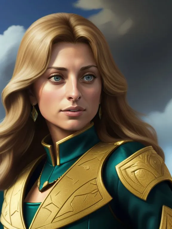 A fantasy portrayal of a woman dressed in golden armor with a blue sky backdrop. AI generated image using Stable Diffusion.