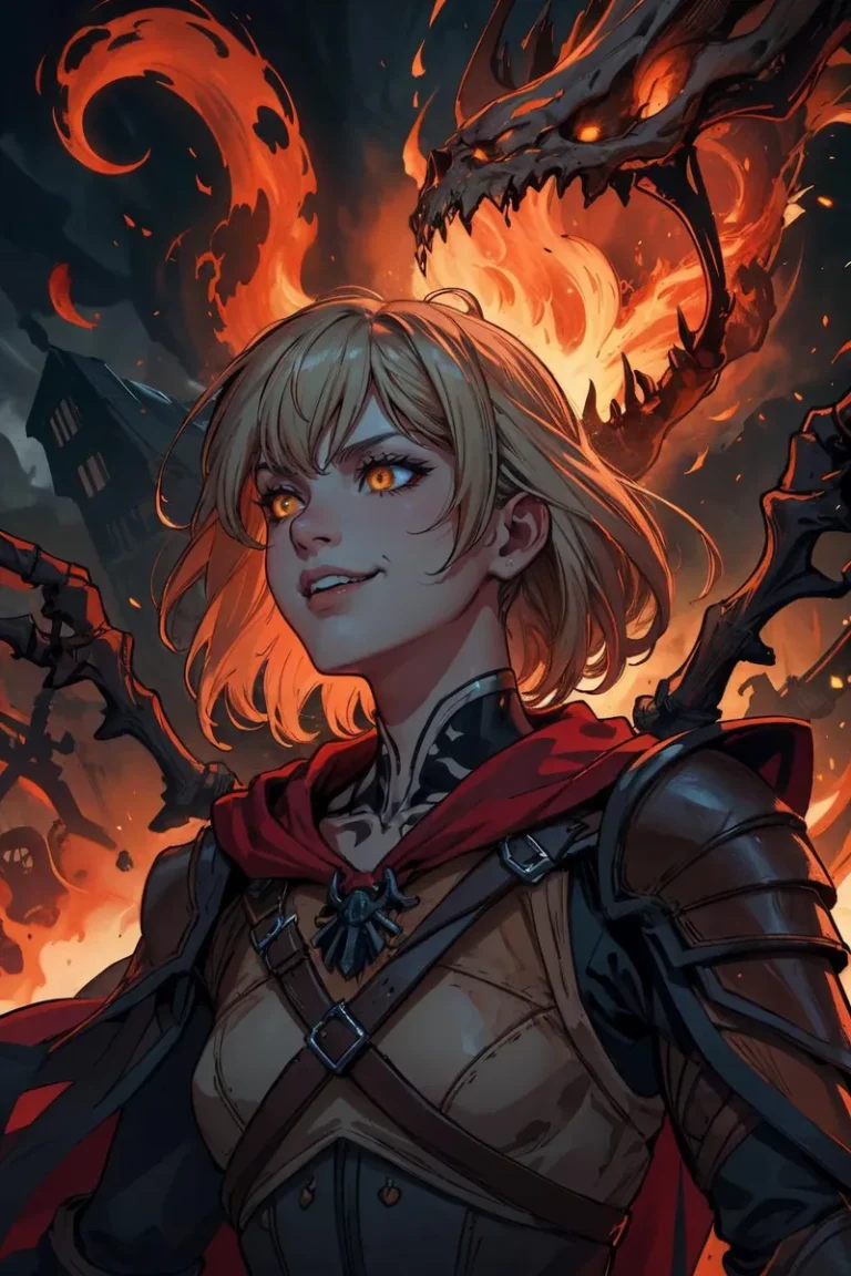 A fantasy-themed AI generated image using stable diffusion of a blonde woman in armor and a red cape smiling confidently, while a fiery dragon roars behind her amidst a burning landscape.