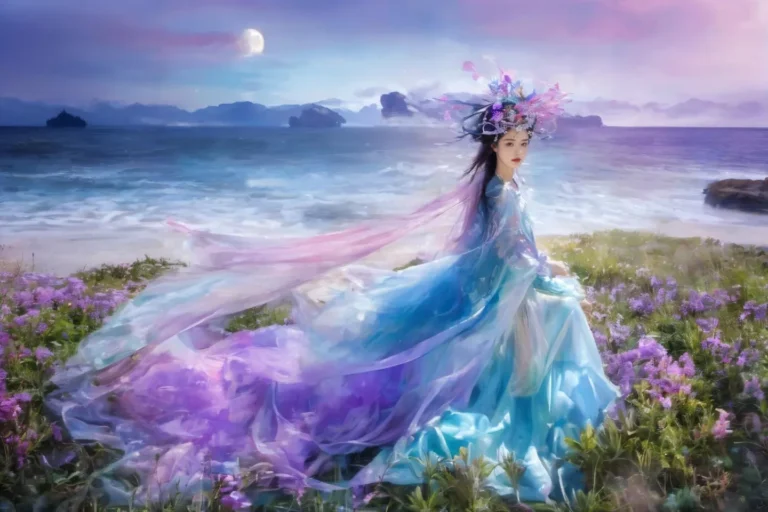 A beautiful, ethereal woman in an ornate, flowy dress and floral headpiece, sitting in a field of purple flowers by the sea, under a moonlit sky. AI generated image using Stable Diffusion.