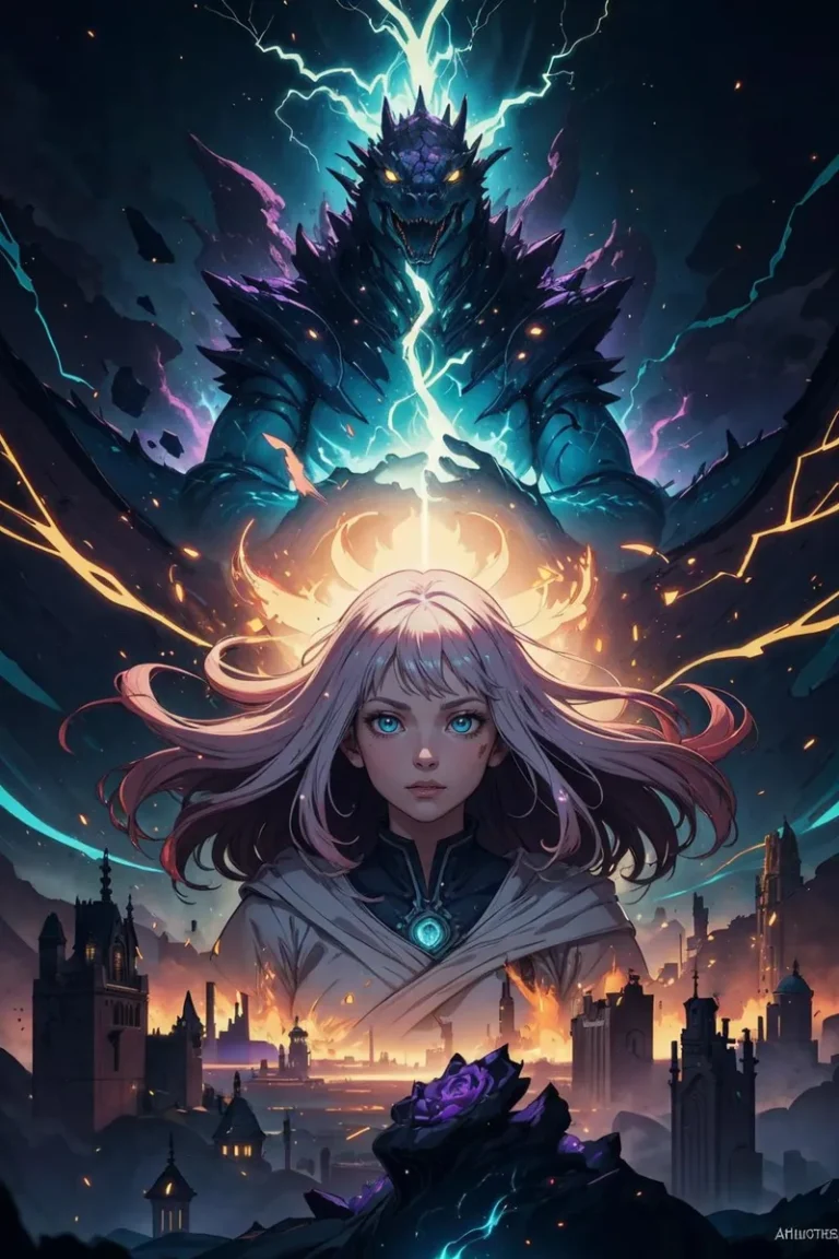 Epic fantasy scene with a powerful sorceress in the foreground and a fearsome mythical beast emanating lightning in the background. The backdrop is a mystical cityscape engulfed in flames. AI generated image using stable diffusion.