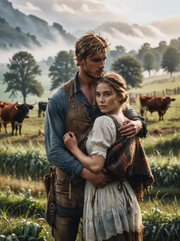 Romantic countryside scene featuring a couple embracing in a farm field with cows and misty mountains in the background, AI generated using stable diffusion.