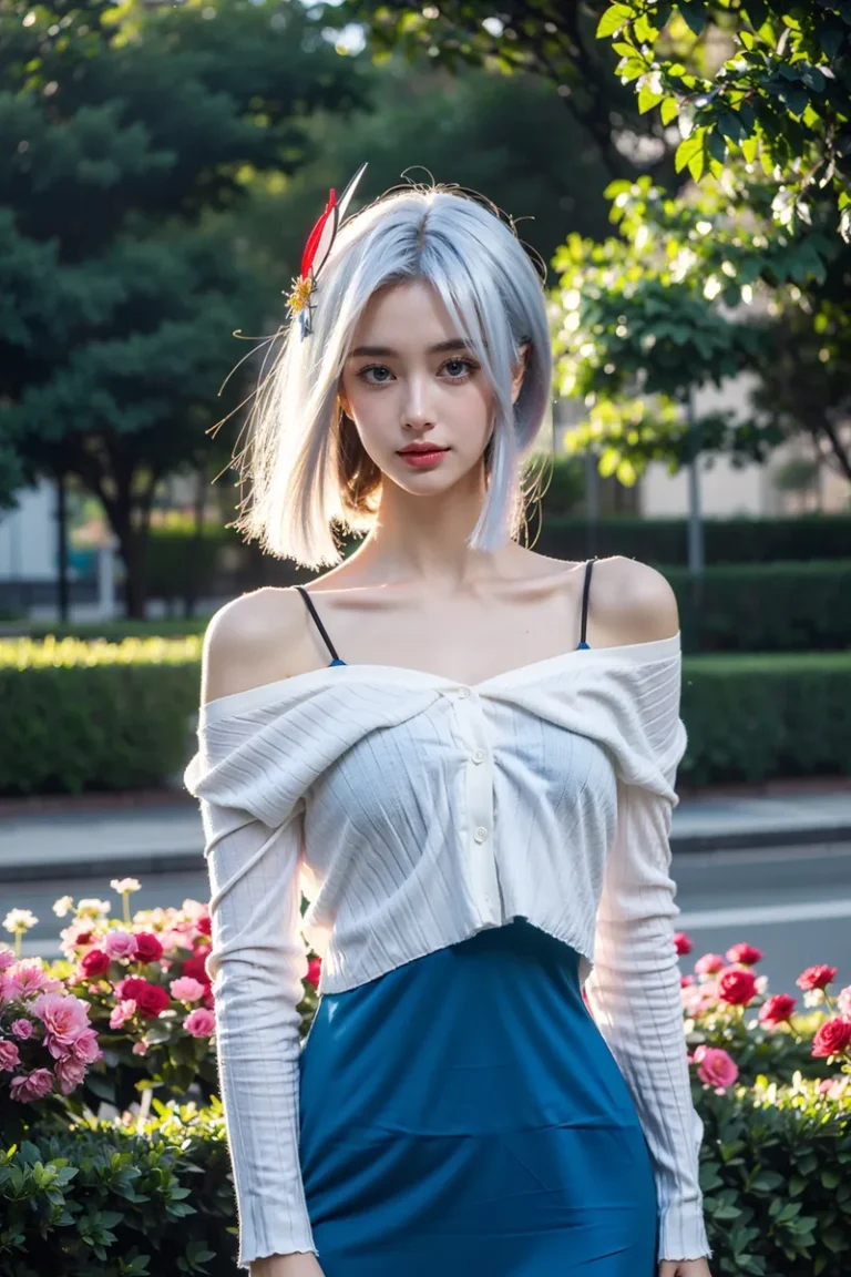 A fashion model with silver hair wearing a white off-shoulder blouse and a blue skirt, created using Stable Diffusion.