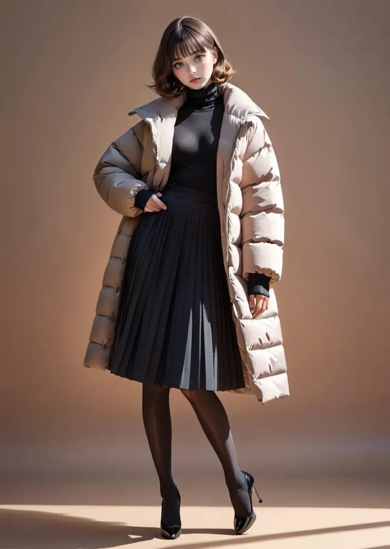 Fashionable woman in a beige winter coat over a black turtleneck top and pleated skirt, wearing black tights and heels. This is an AI generated image using stable diffusion.