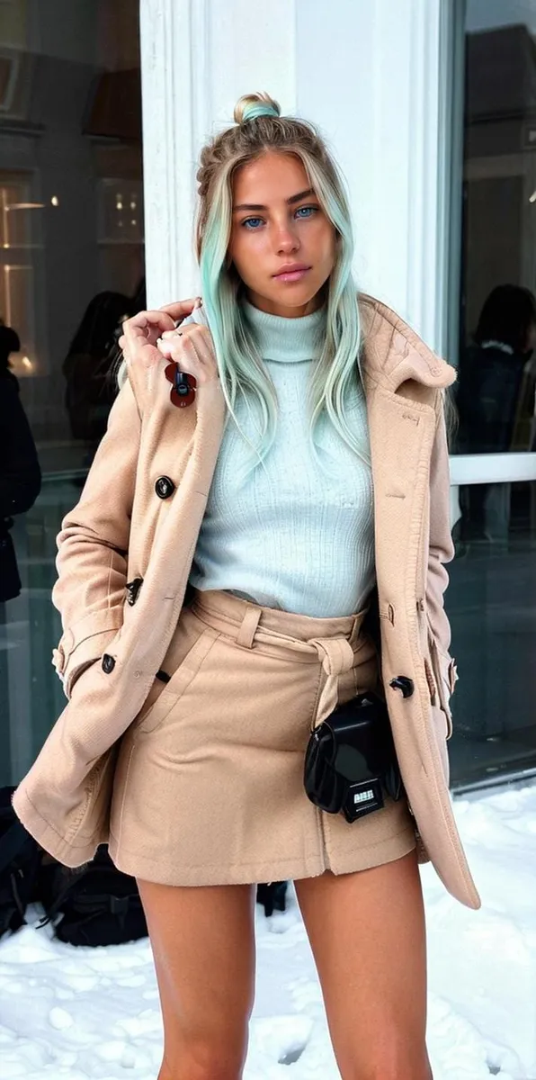 A stylish woman wearing a beige coat over a light blue turtleneck, with matching beige shorts, blond hair and blue highlights, holding sunglasses.