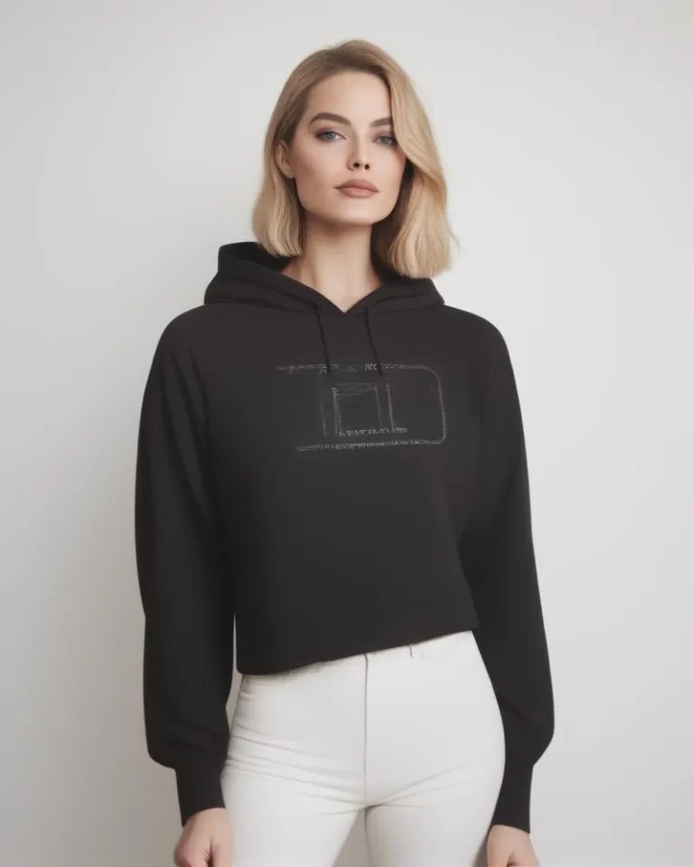 A stylish blonde woman wearing a black hoodie and white pants, generated with Stable Diffusion AI.