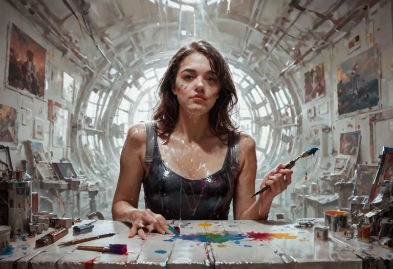 AI-generated image using Stable Diffusion of a female artist covered in paint, sitting at a table with brushes and splashes of color, within a futuristic, tunnel-like studio filled with artworks.