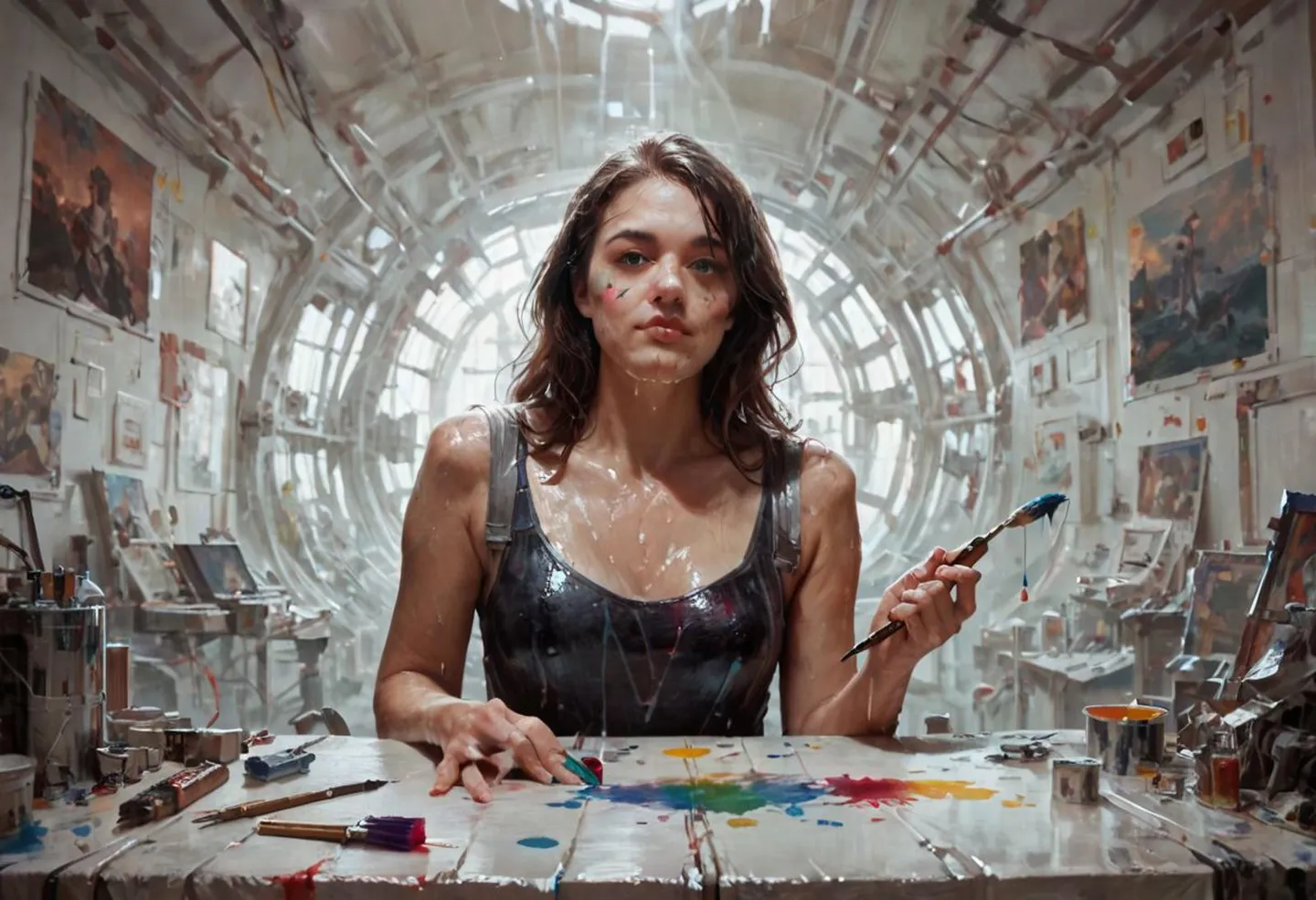AI-generated image using Stable Diffusion of a female artist covered in paint, sitting at a table with brushes and splashes of color, within a futuristic, tunnel-like studio filled with artworks.
