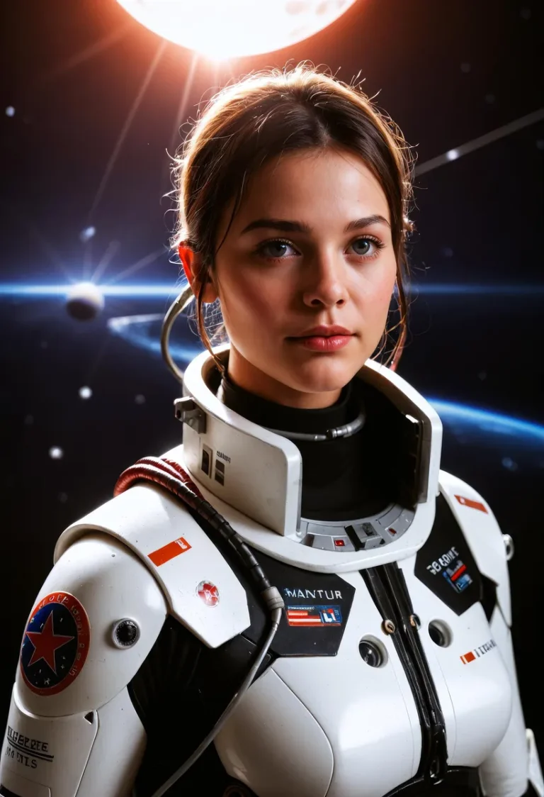 A realistic AI-generated image of a female astronaut in a detailed space suit, created using Stable Diffusion.
